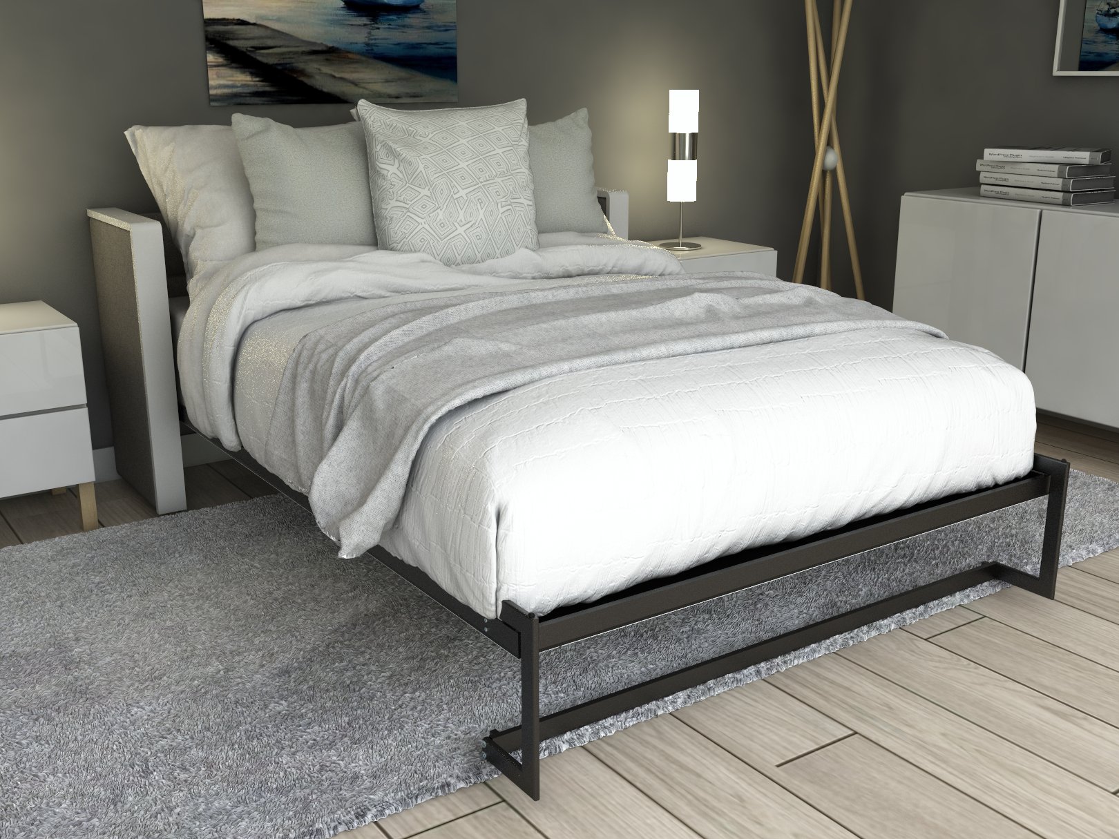 Esentelle base de cama matrimonial con laminado de madera color concreto // MS