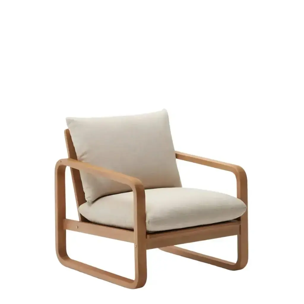 Sacaleta sillón madera, textilene y cojinería loneta // Exterior 100 %.