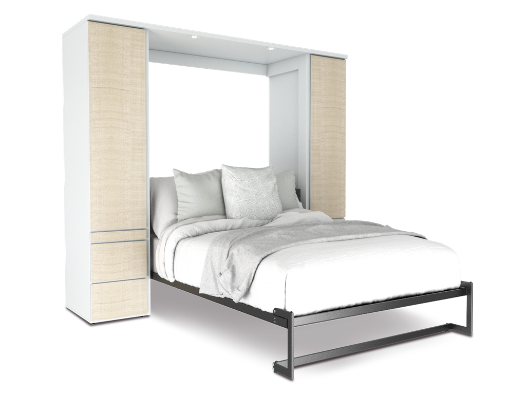 Shubuya cama abatible, closet y mesa matrimonial con laminado de madera color lino // MS