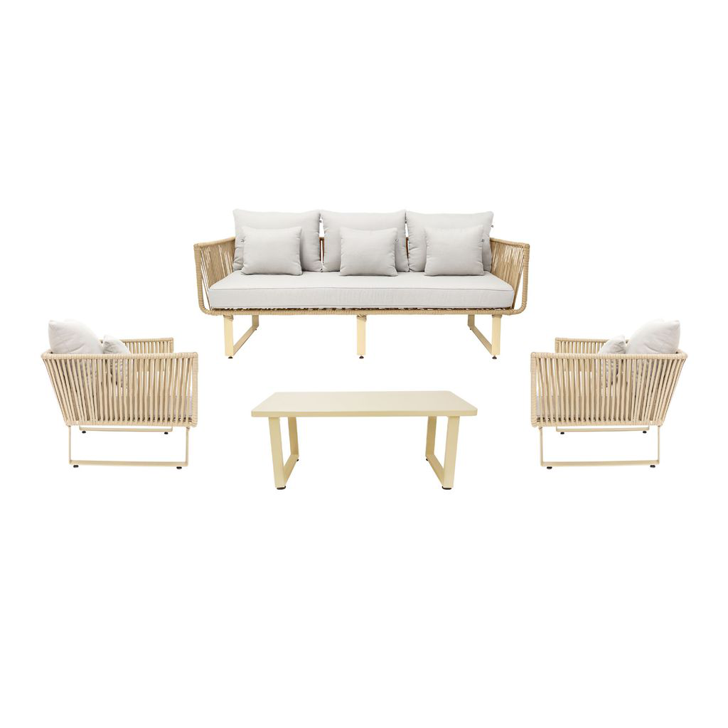 Vallarta sala 3+1+1+ mesa metal beige cuerda beige cojinería loneta exterior