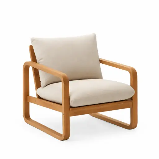 [J1700035JJ12T] Sacaleta sillón madera, textilene y cojinería loneta // Exterior 100 %.