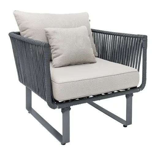 [62260SO] Vallarta sillón metal negro cuerda gris loneta antidecoloración // Exterior techado