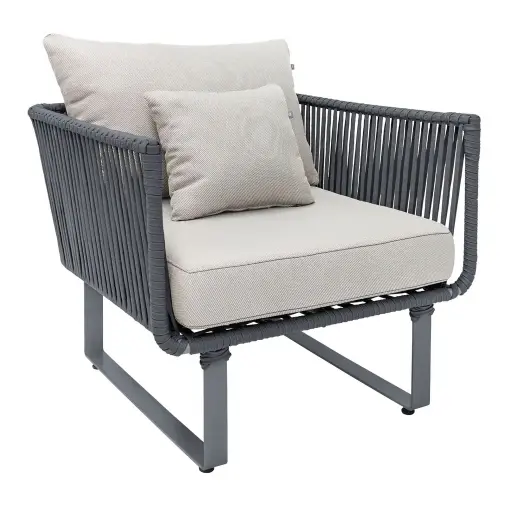 [65077SO.] Vallarta sillón metal negro cuerda negra y loneta antidecoloración // Exterior techado