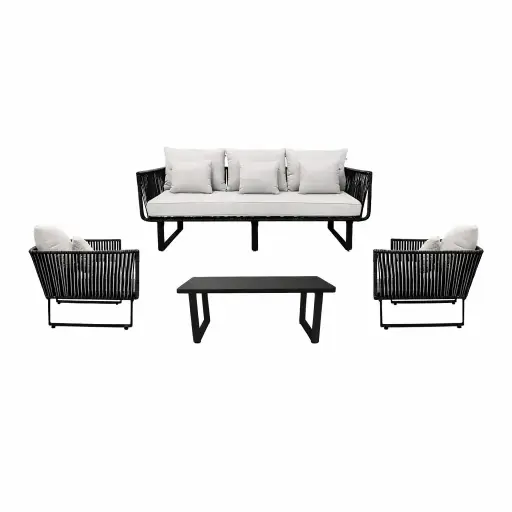 [53621SE] Vallarta sala 3+1+1+ mesa metal negro cuerda negra cojinería tela loneta // Exterior techado